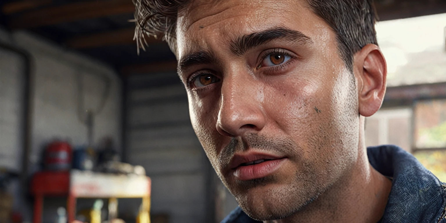 a man with brown hair, mid fade hairstyle, brown eyes, fair skin, wearing casual clothes, doing pest control in a dirty garage, insects, rats, (best quality, 4k, 8k, highres, masterpiece:1.2), ultra-detailed, (realistic, photorealistic, photo-realistic:1.37), HDR, UHD, studio lighting, ultra-fine painting, sharp focus, physically-based rendering, extreme detail description, professional, vivid colors, bokeh, detailed eyes, detailed lips, extremely detailed eyes and face, long eyelashes, photorealistic, cinematic lighting, dramatic shadows, high contrast, gritty, dirty, messy, rustic, industrial