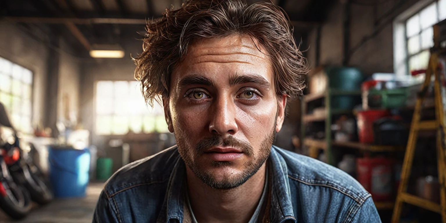 a man with brown hair, mid fade hairstyle, brown eyes, fair skin, wearing casual clothes, doing pest control in a dirty garage, insects, rats, (best quality, 4k, 8k, highres, masterpiece:1.2), ultra-detailed, (realistic, photorealistic, photo-realistic:1.37), HDR, UHD, studio lighting, ultra-fine painting, sharp focus, physically-based rendering, extreme detail description, professional, vivid colors, bokeh, detailed eyes, detailed lips, extremely detailed eyes and face, long eyelashes, photorealistic, cinematic lighting, dramatic shadows, high contrast, gritty, dirty, messy, rustic, industrial