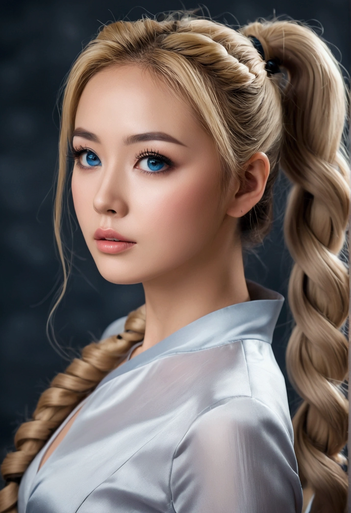 Create 2 women ,1 a long blonde hair hairstyle pony tail tied,blue colored eyes,white,sexly cantora,elegant makeup,wearing a gray dress that represents the dark clouds((Linda)),((face perfect)) ((blogger)),((perfectbody)) ((ultra quality)) 2 Korean woman with brown hair in pigtails,soft makeup,sexly,sweet,pose,wearing a white dress with rain details,
