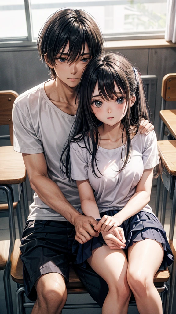 A couple is studying in school. It is evening. The couple is wearing short clothes.