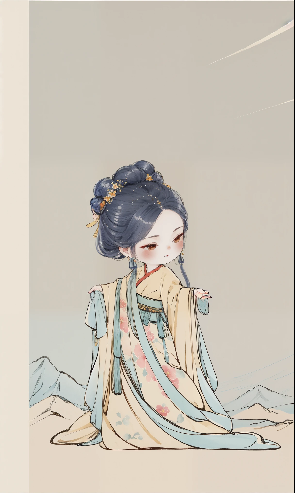 chibi ink painting, 1girl, chibi,hair ornament,jewelry,long hair,solo,upper body,hair bun,earrings,blue sky,sky,single hair bun,Chinese clothing,hanfu, sitting, dynamic angle, dramatic angle, skirt lift, hair bow, ribbon, make up, colored inner hair, dreadlocks, , ((masterpiece)), ((best quality)), 8k, high detailed, ultra-detailed,