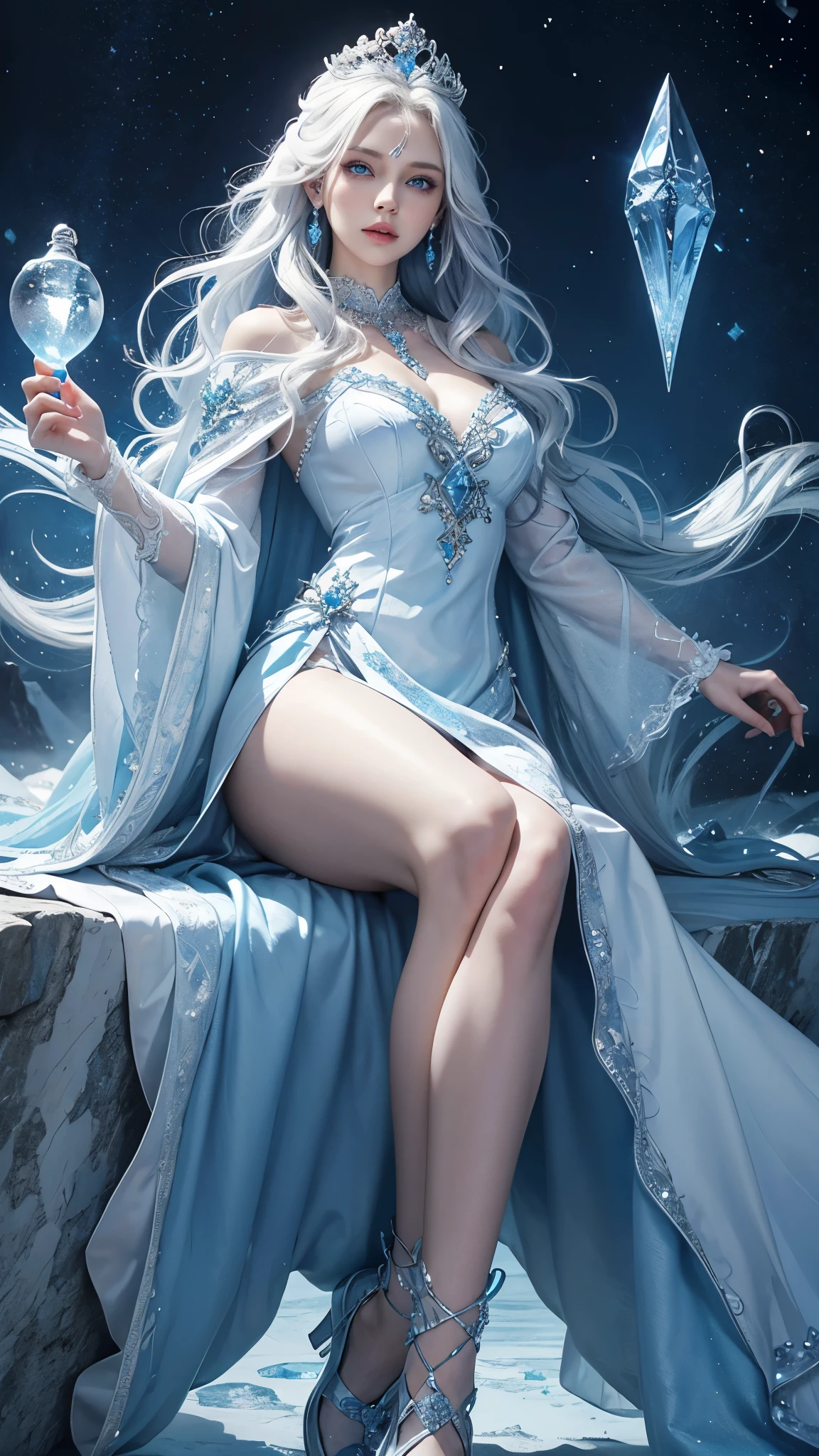 ice World　Ice Background　Fantasy　Elderly Ice Witch　long blue eyes　White skin　White, long, curly, wavy hair　　Ice Crown Tiara　Blue embellished long sleeve A-line dress　Gorgeous necklace　Gorgeous earrings　cape　Holding an ice stick A composition that includes the feet