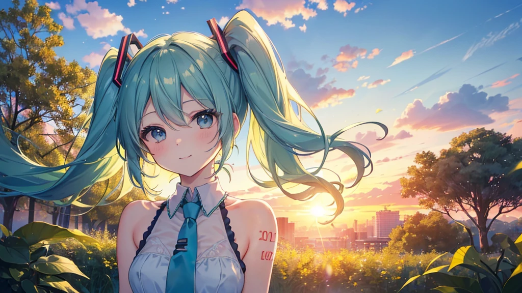 (((Highest quality、masterpiece、Ultra-fine、Ultra-fine、Green Hair,Exquisite、16K、,The best smile,Full HD、Asahi、Angle from below,Hatsune Miku,))), ((summer,Private Server,)))Blue Eyes、Long eyelashes、White skin、(Pale pink lips、Pale pink cheeks、thin and long)、 (((cute,The best smile)), ((One person)) 、(blue sky)) 、 (Tree swaying in the wind々の葉音が summerの終わりを告げるように 自然の中で感じるこの瞬間 心に刻まれるsummerの思い出　Golden sunset with the sun setting)、