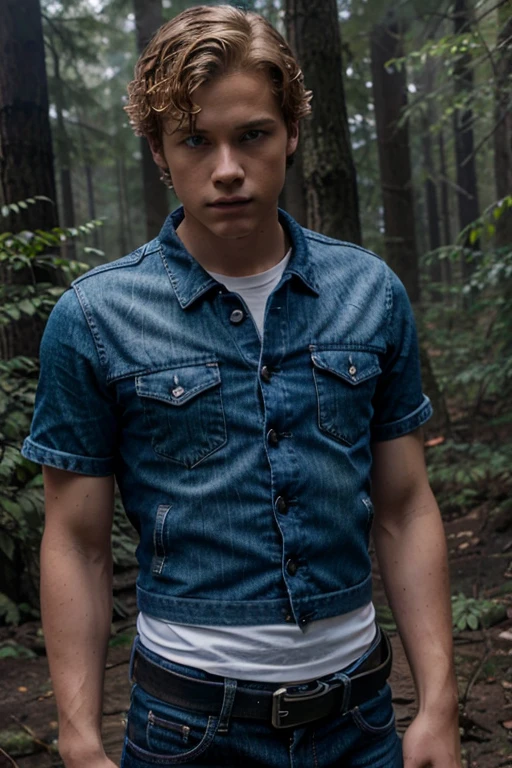 Gus, Christian Convery, Teen Wolf, military, 10 years old, short curly blonde hair, slim muscular build, blue eyes, open blue jean jacket, white short sleeve shirt, black hunter belt, black jeans, black combat boots, hanging wolf, forest background with fog