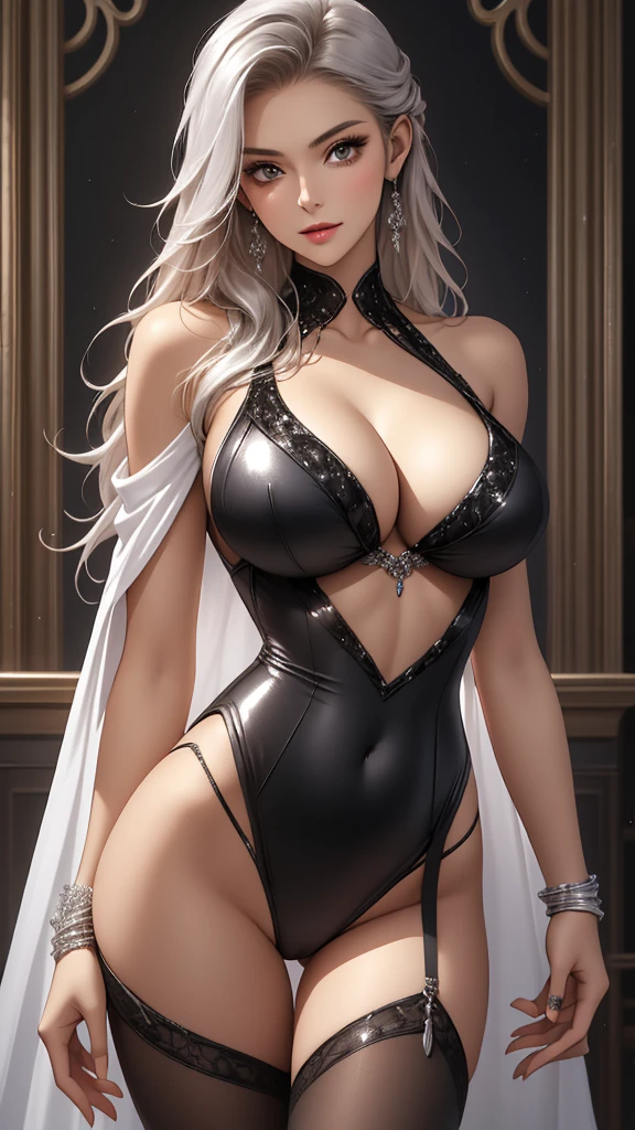 Best quality, masterpiece, realistic, Beautiful sexy cool tall, slim, fit woman, wearing fancy silver-white-black sequin leotard, sexy midriff, intricate and highly detailed, cleavage, long silver hair, body chain, jewelry.