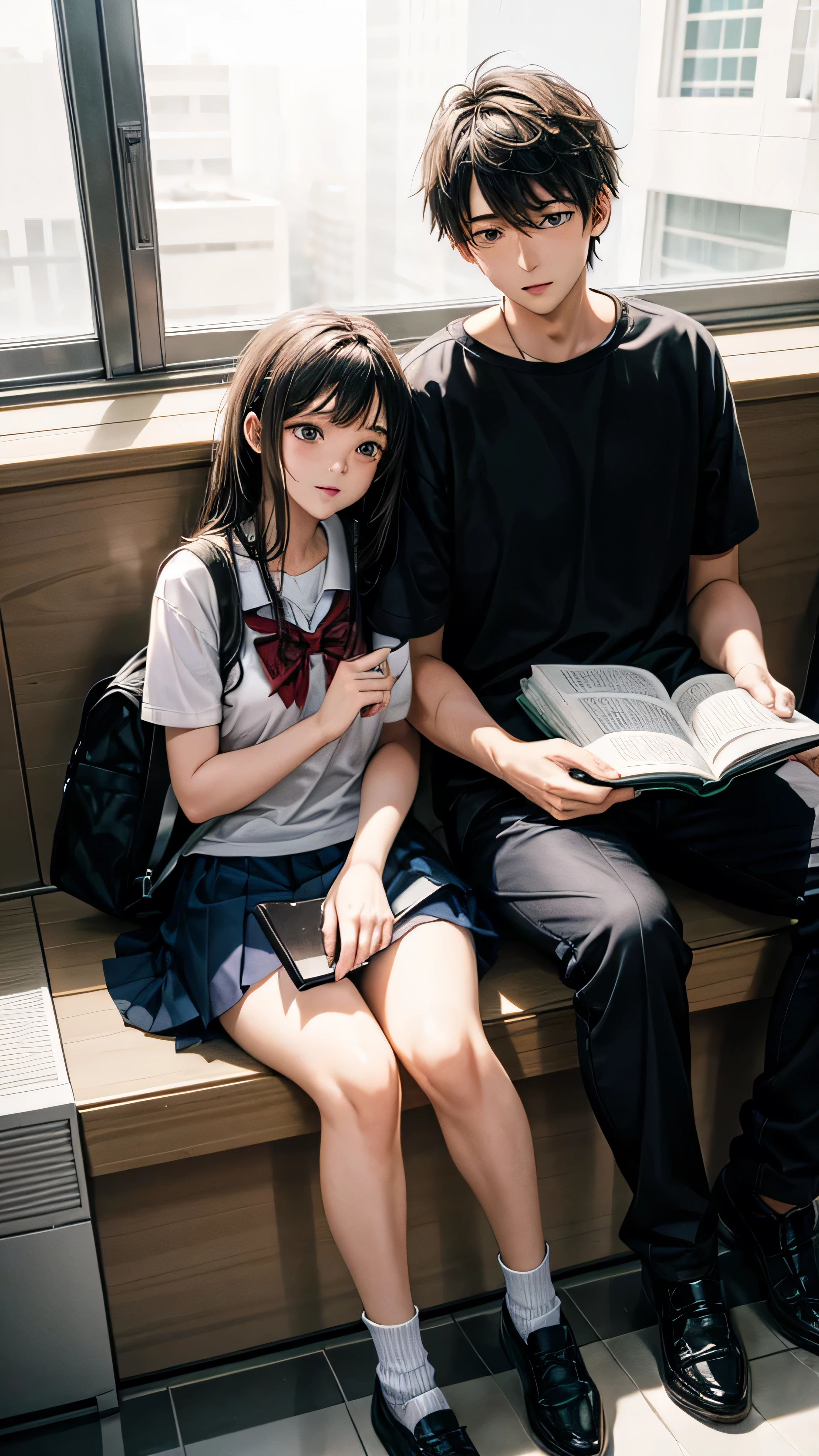 A couple is studying in school. It is evening. The couple is wearing short clothes.
