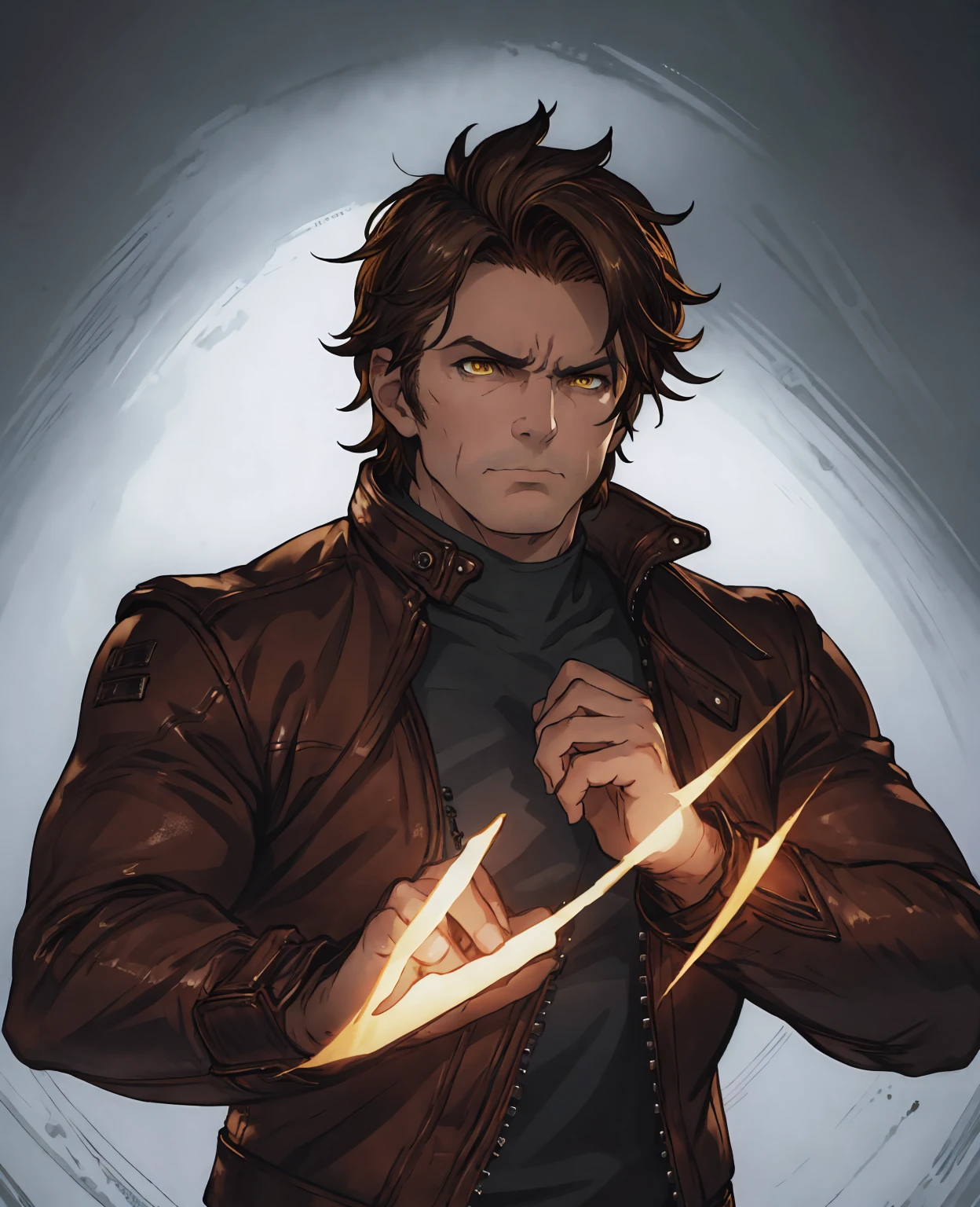 a middle-aged man with brown hair and yellow eyes, portrait, realistic, highly detailed, cinematic lighting, dramatic pose, intense gaze, leather jacket, dark background, moody atmosphere, photorealistic, 8k, best quality, masterpiece