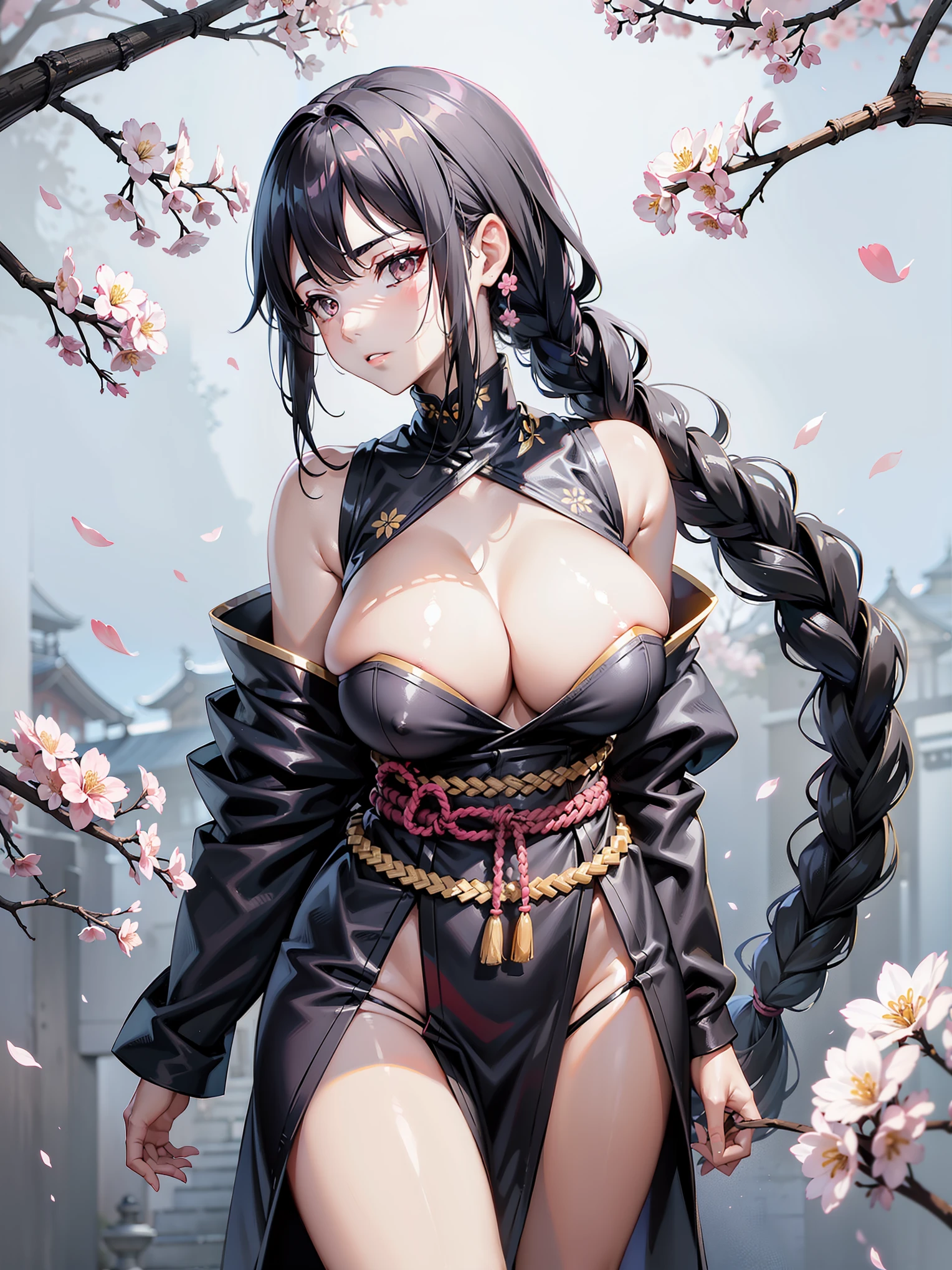 Sexy female samurai, long braided hair, black hair, golden rubber bands in the braid, black eyes, black lips, high facial details, open type samurai armour, deep neckline, huge sagging breasts, full height, back view, wide hips, bare legs, blue thong with golden straps, holding with both hands a katana stuck in the ground, grey background, on grey background Osaka tree with pink flowers, pink glade with grey grass.
