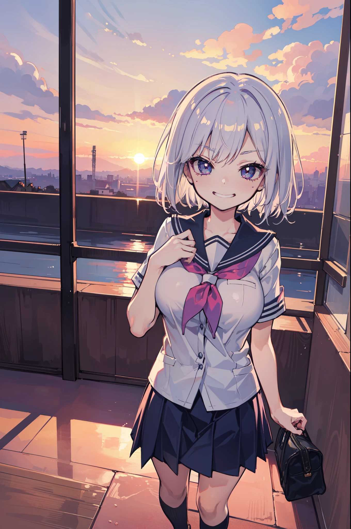 (Ideal:1.1), (perfection:1.1), (flawless:1.1), (highest quality:1.2), (best quality:1.2), (amazing sunset:1.1), 1girl, (kawaii:1.1), (school uniform:1.1), (little girl:1.1), (child:1.1), (loli:1.1), (naughty smirk:1.2), detailed body, huge breasts, short hair, best detailed eyes, best quality eyes, 4K, (best quality resolution:1.1), best quality upscale