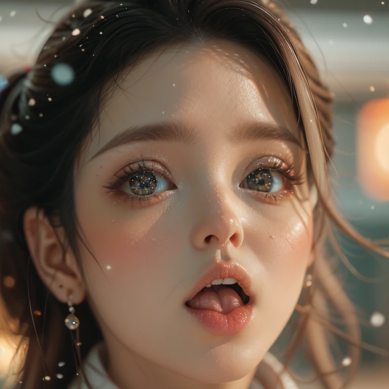 ExtremelyDetailed Kawaii girl Face,(Close-up big lips), glossy lips with beautiful details, Coquettish tongue, Kissing to camera, towards the viewer, 8K TopQuality masterpiece,an extremely delicate and beautiful (ProfessionalPhoto:1.37), Amazing,finely detail,official art,incredibly absurdres,ultra-detailed,close-up shot, close up, (fish eye lens), wide lens, macro lens, Detailed reflective Eyes ElaboratePupils with (sparkling highlights:1.28) (Delicate Voluminous LongEyelashes:0.88), {Tilted face|Visible back of throat|Accumulated saliva drips} (offshoulder Dripping juice on tongue) snow particles