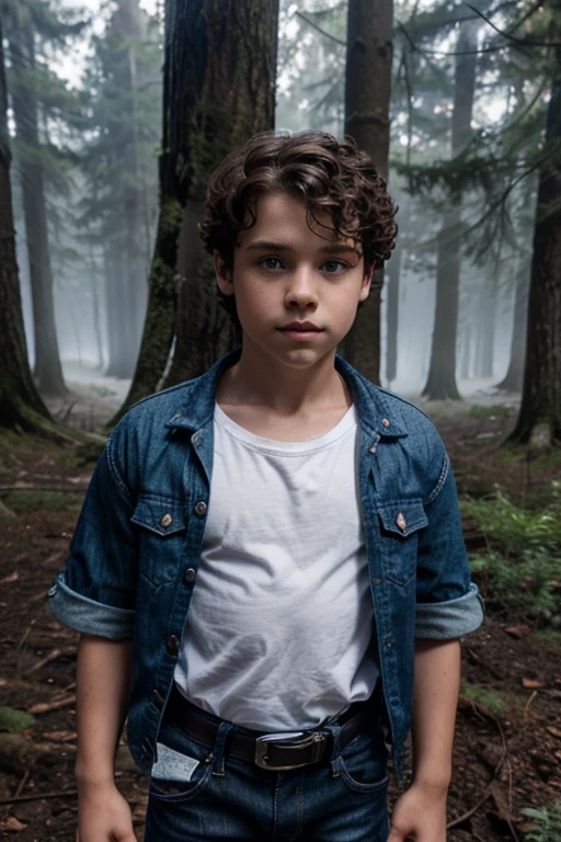 Gus, Christian Convery, Wolf, boy, 5 yeort curly brown hair, slim muscular build, blue eyes, open blue jean jacket, white short sleeve shirt, black hunter belt, black jeans, combat boots black, hanging wolf, forest background with fog