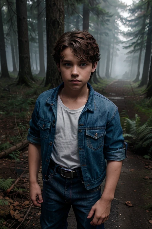 Gus, Christian Convery, Teen Wolf, boy, 5 years old, short curly brown hair, slim muscular build, blue eyes, open blue jean jacket, white short sleeve shirt, black hunter belt, black jeans, combat boots black, hanging wolf, forest background with fog