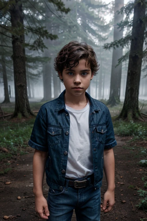 Gus, Christian Convery, Wolf, boy, 5 yeort curly brown hair, slim muscular build, blue eyes, open blue jean jacket, white short sleeve shirt, black hunter belt, black jeans, combat boots black, hanging wolf, forest background with fog