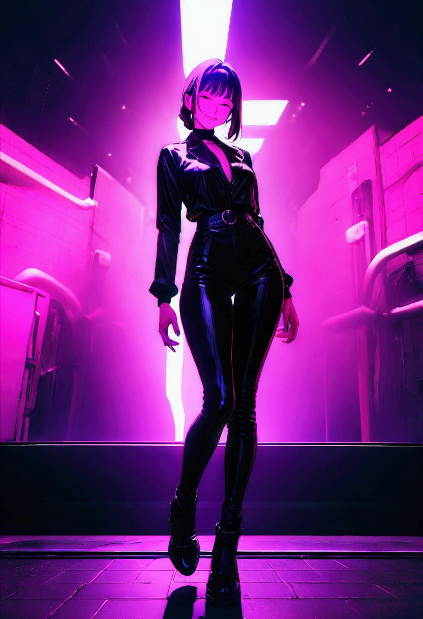 (8k, RAW Photos, highest quality, masterpiece: 1.2), beautyfull european woman 30 years old, cyberpunk, animation, fantastic and mysterious background, high saturation, high contrast, smiling face, full body shot