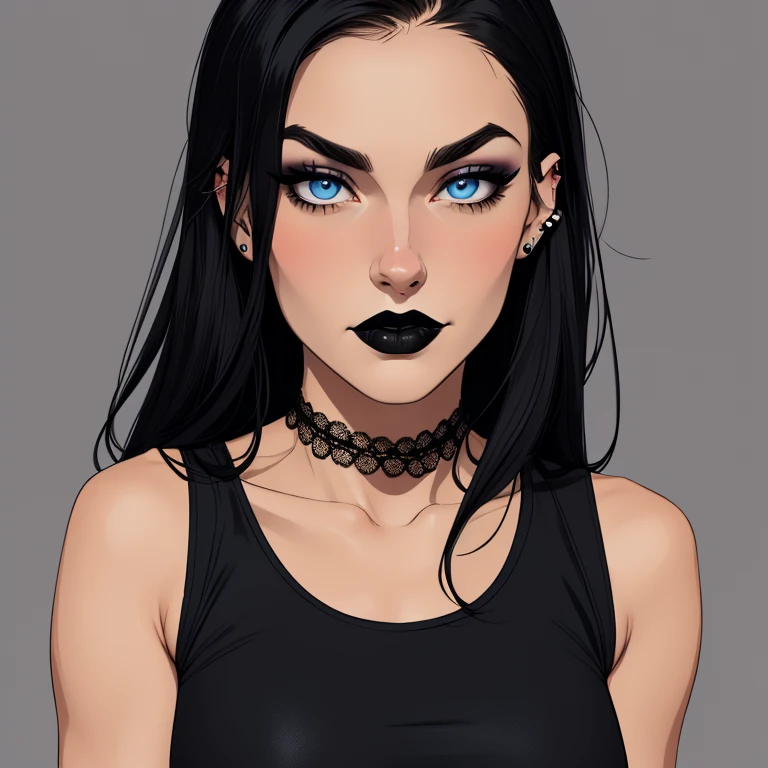 
Flat colors, close-up, portrait, of a 19-year-old, Sasha grey looking girl, using some piercings, perfect heavy punk makeup, black lipstick, perfect olive skin, ([blue eyes]) Long Black hair, natural eyebrows natural beaty, beautiful, Anarch tank top, using a back leather neck lace, masterpiece, (([Simple grey background]))

