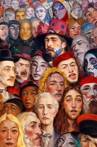a painting of a man surrounded by many different faces, inspired by James Ensor, by James Ensor, multicolored faces, by József Rippl-Rónai, masks, multiple faces, diverse faces, close - up of the faces, closeup at the faces, colorful character faces, by Chagall, by Pierre Alechinsky