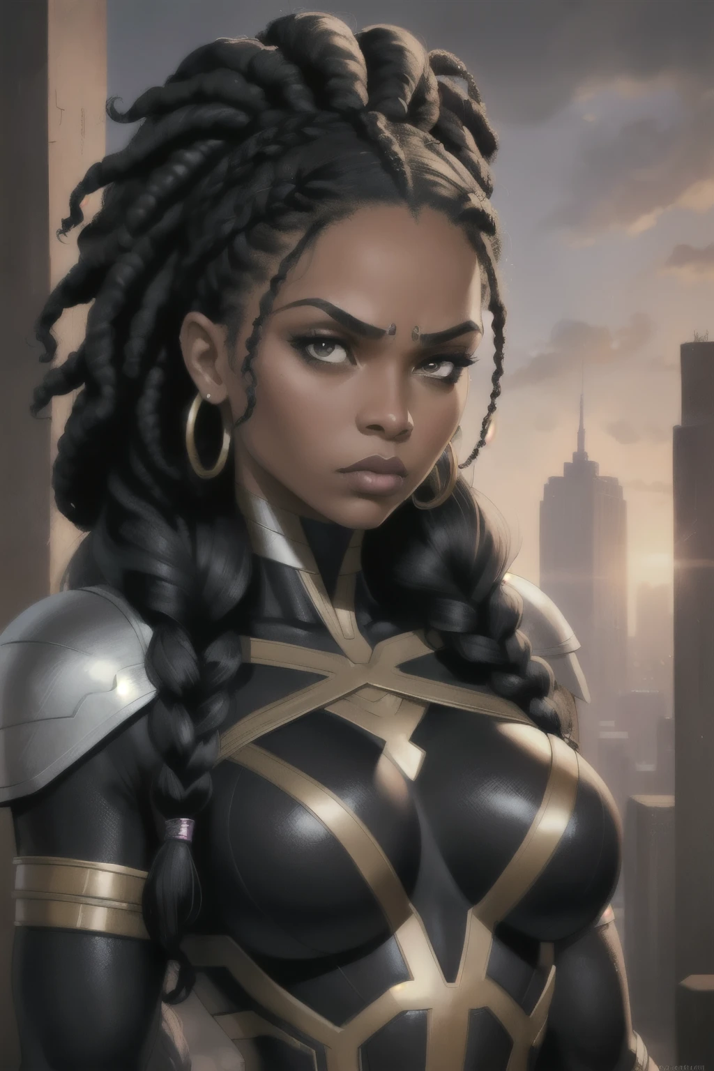 ((best quality)), ((artwork)), ((detailed)), woman, black, afro braided hair, superheroine outfit, serious look.