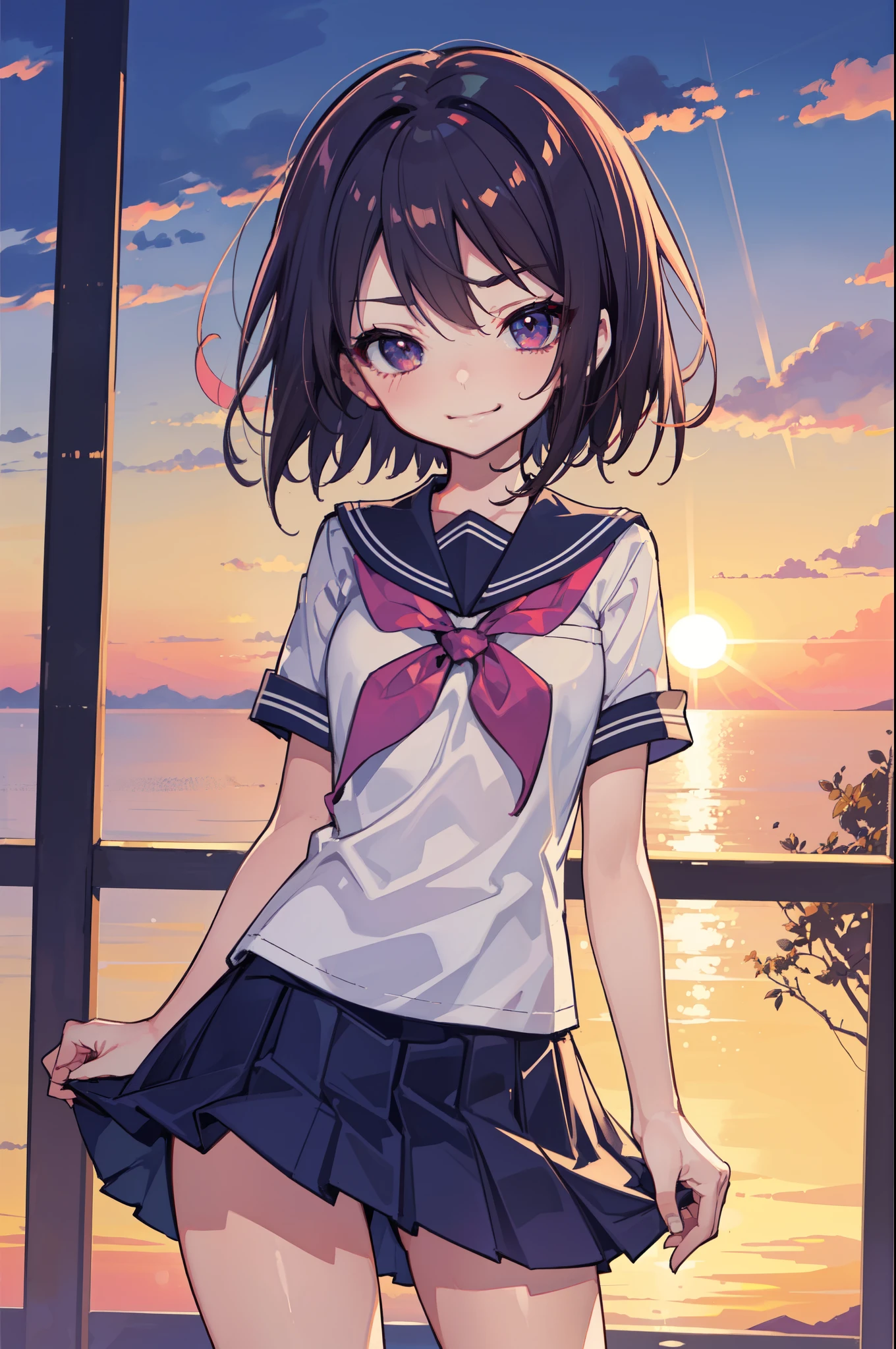(Ideal:1.1), (perfection:1.1), (flawless:1.1), (highest quality:1.2), (best quality:1.2), (most beautiful sunset:1.1), 1girl, (kawaii:1.1), (school uniform:1.1), (loli:1.1), (naughty smirk:1.2), detailed body, short hair, best detailed eyes, best quality eyes, 4K, (best quality resolution:1.1), (best quality upscale:1.1)