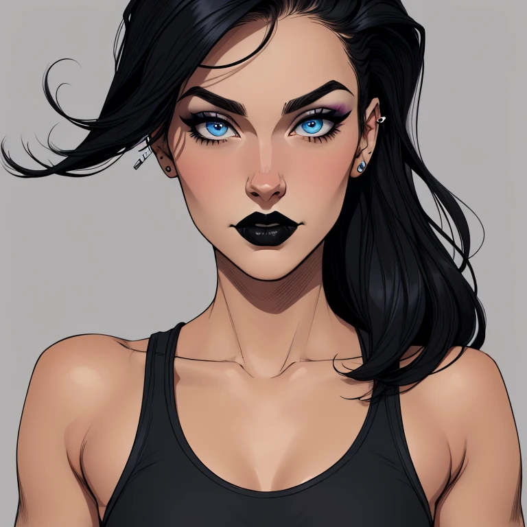 
Flat colors, close-up, portrait, of a 19-year-old, Sasha grey looking girl, using some piercings, perfect heavy punk makeup, black lipstick, perfect olive skin, ([blue eyes]) Long Black hair, natural eyebrows natural beaty, beautiful, Anarch tank top, using a back leather neck lace, masterpiece, (([Simple grey background]))

