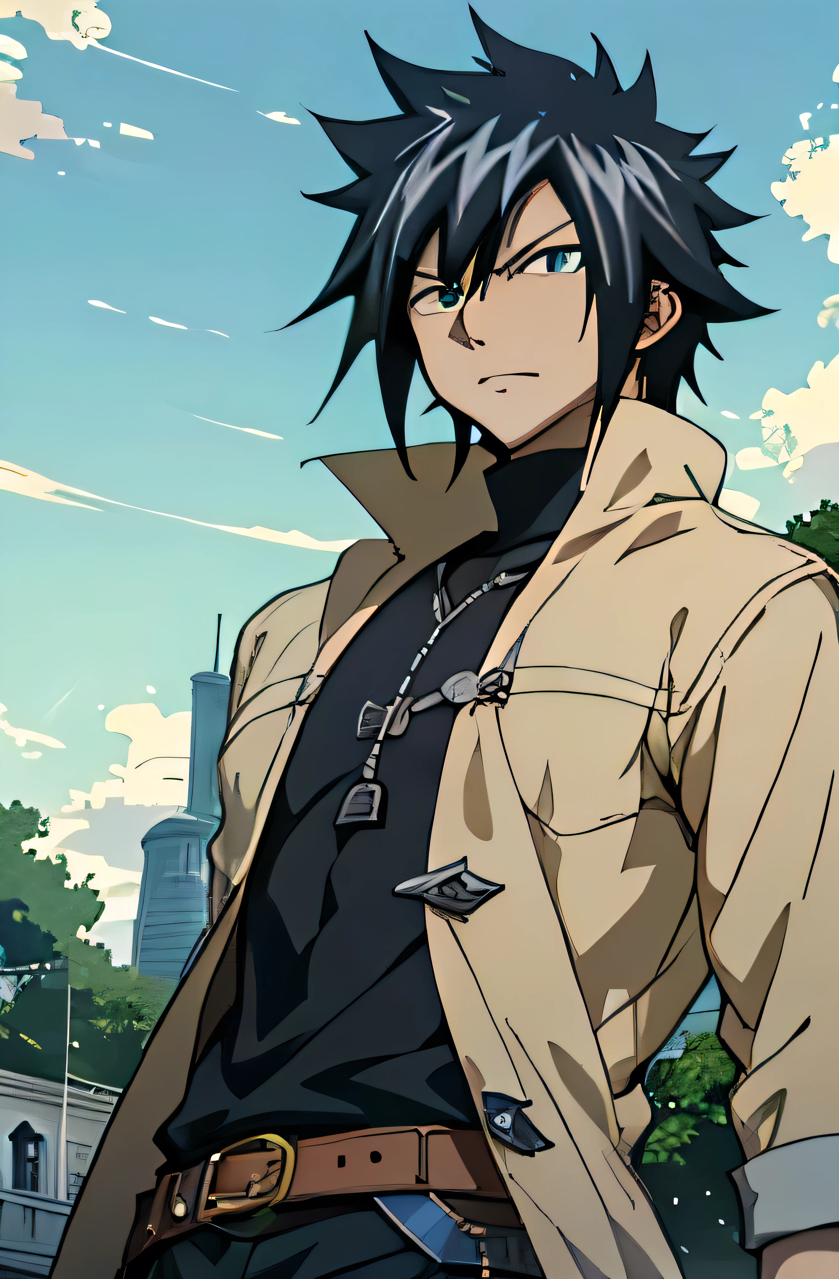 ((arte estilo anime)), (the highest image quality), (detailed strokes), Looking at the Viewer, facing the viewer , showing the whole body, , He is a 17 year old teenager, very white skin, He has slightly disheveled black hair , light green eyes, anime art style Fairy Tail , sexy face, He is dressed in the anime male clothes "Fairy Tail", , 8k, high quality, masterpiece, , cinematic, vivid colors, shining green eyes