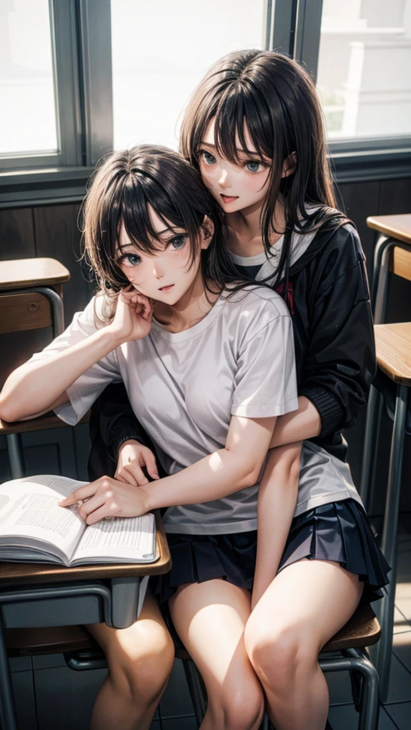 A couple is studying in school. It is evening. The couple is wearing short clothes.