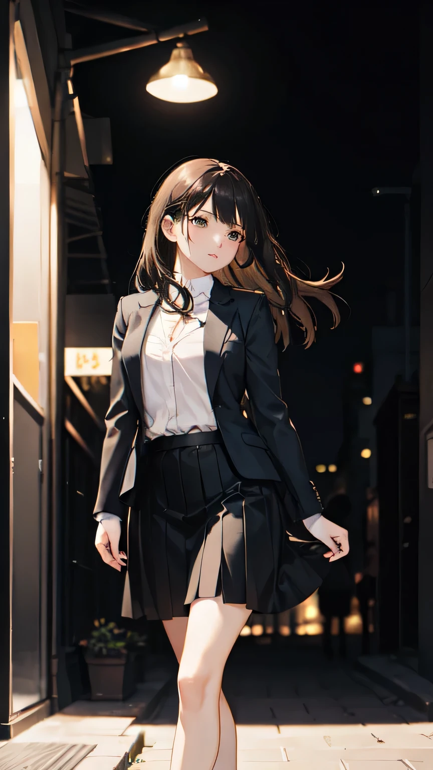 
High resolution,Buildings at night,One beautiful girl,Walking,Brown blazer,Her hair sways in the wind、The skirt sways lightly,The hustle and bustle of the city,hurry home,Light leaking from the windows of a building,Like a painting,