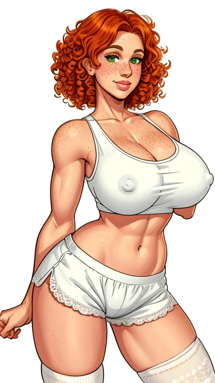 Lacy Lemon, pretty woman, curly ginger hair, midriff, white cloth hotpants,tank top, short shorts, freckles, large breasts, rubenesque, thigh high striped socks, far shot, covered nipples, green eyes, white background, blank background