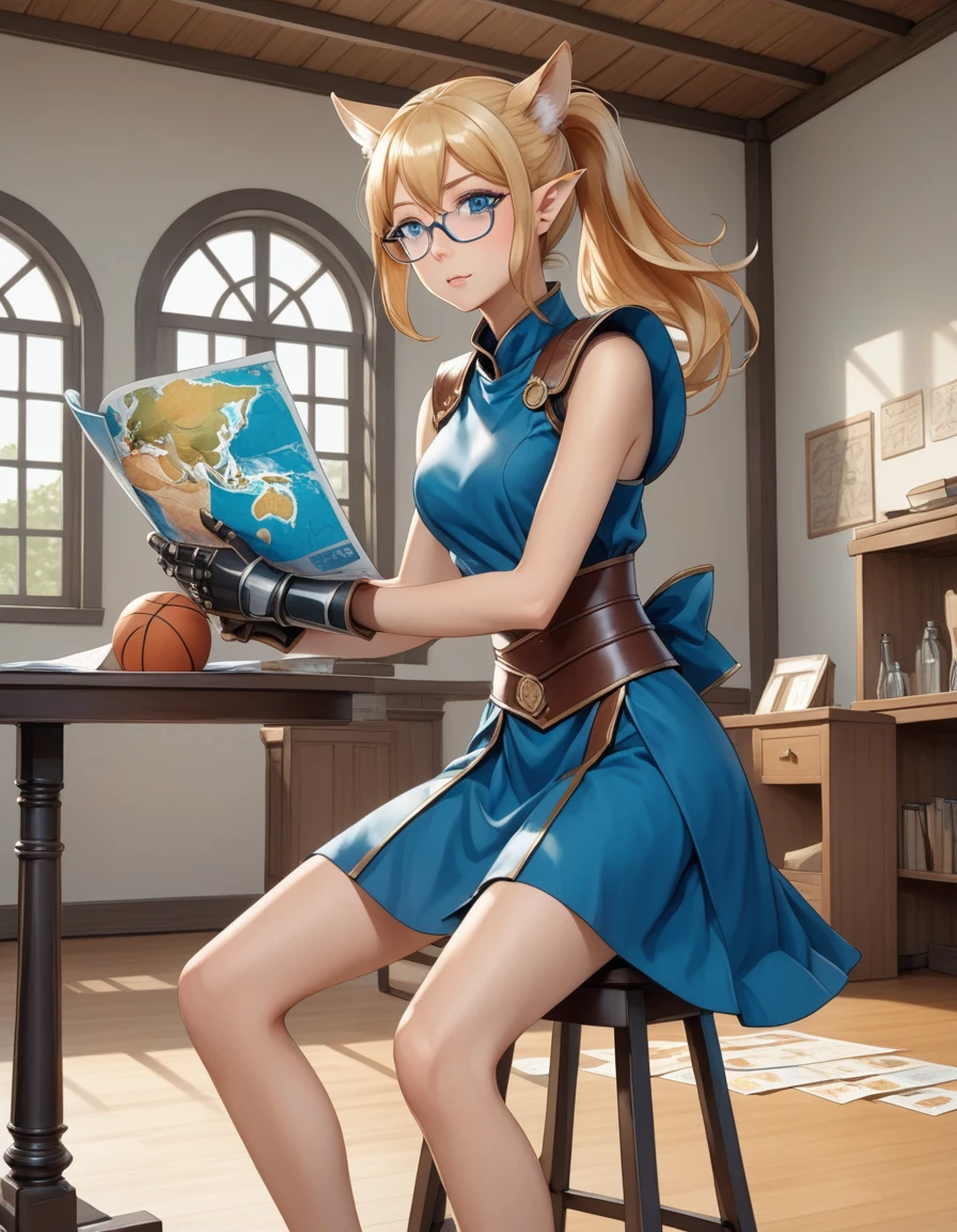 Solo, Score_9, score_8_up, score_7_up, kemono style, Kimiko, thin tall elf woman, solo, blonde hair , pony tail hair style, puzzled face, sweat, glowing blue eyes, full body shot, attractive smile, perfect slim body, wearing a chain tabard, blue armored skirt, metal armored boots, circular glasses, visible arms, gauntlets with ice on them, carrying a large magical staff, holding a map in one hand. Face is confused, puzzled expression, mid angle shot, one hand holding map, one hand throwing a basketball behind her. looks lost, sitting on stool, in magical academy, hair is up in ponytail, adult female, long legs, throwing basketball over shoulder backwards, another characters hand reaching to face her head towards the camera.