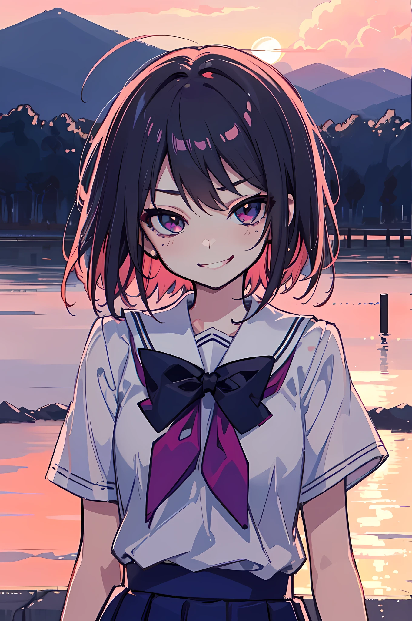 (Ideal:1.1), (perfection:1.1), (flawless:1.1), (highest quality:1.2), (best quality:1.2), (most beautiful sunset:1.1), 1girl, (kawaii:1.1), (school uniform:1.1), (loli:1.1), (naughty smirk:1.2), detailed body, short hair, best detailed eyes, best quality eyes, 4K, (best quality resolution:1.1), (best quality upscale:1.1)