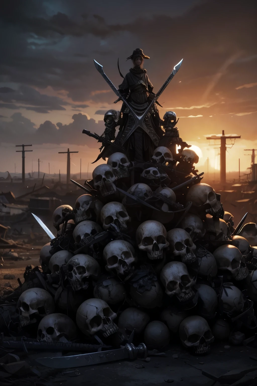 A pile of skulls with a sword embedded in it in an apocalyptic setting