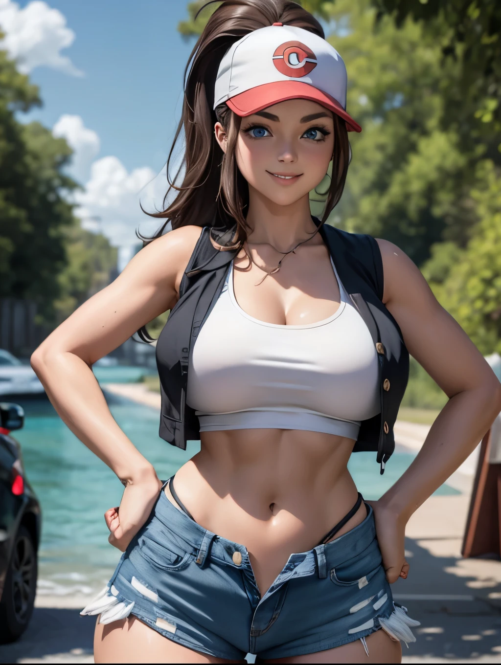 pokemonhilda, blue eyes, brown hair, long hair, huge breasts, ponytail, white croptop, denim shorts, short shorts, black vest, baseball cap, bare shoulders, smile, cowboy shot, highly detailed, HD, 4K, Masterpiece, highres, park, outdoors, hands on hip, thick, cleavage, sleeveless, unbuttoned shorts, red underwear, low rise shorts, midriff