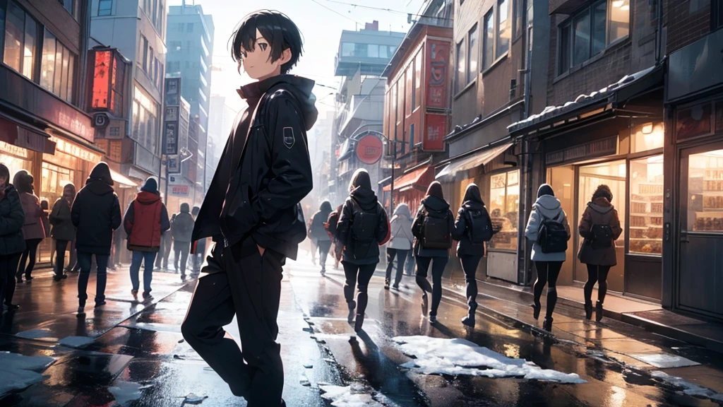 create a thumbnail for a video where the Protagonist is in front and with several people behind him in a city covered in ice