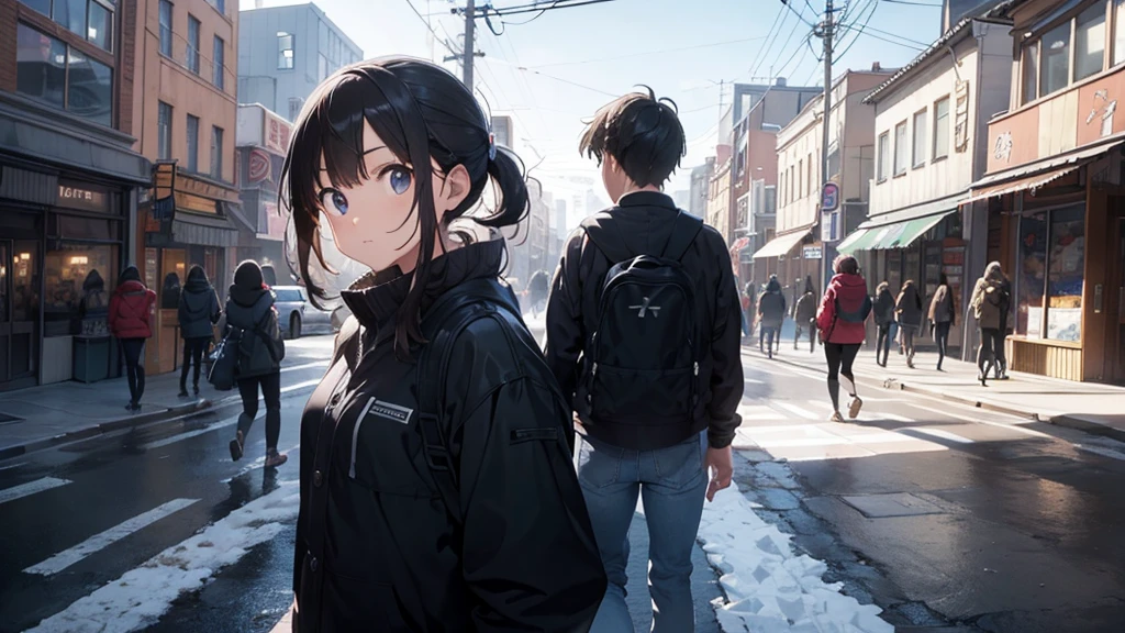 create a thumbnail for a video where the Protagonist is in front and with several people behind him in a city covered in ice