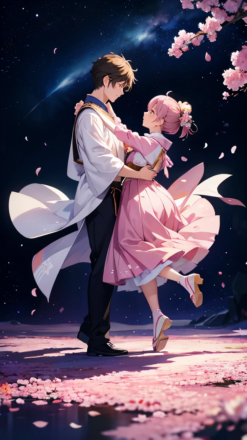 Sky background with sakura petals, space fantasy landscape Foreground, full-length general plan, guy and girl dancing waltz.
They are wearing traditional Japanese festival clothes or something like formal ball clothes.. Detailed faces