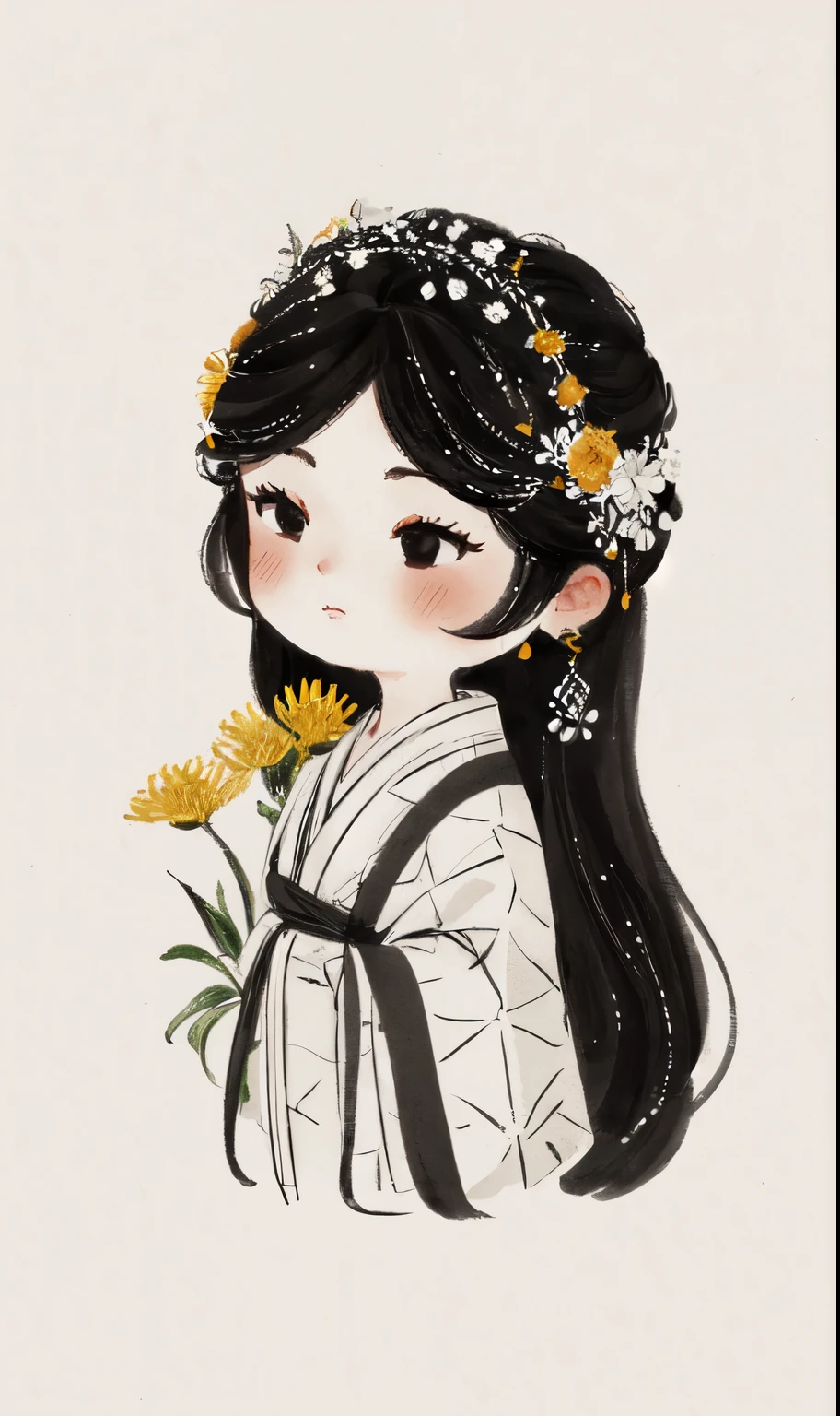 chibi ink painting, 1girl,black eyes,long hair,super precise depiction, (flowers),multiple colors,high definition,Rich in intricate details,((masterpiece)), ((best quality)), 8k, high detailed, ultra-detailed,  sharper lines , white background, darker colors 