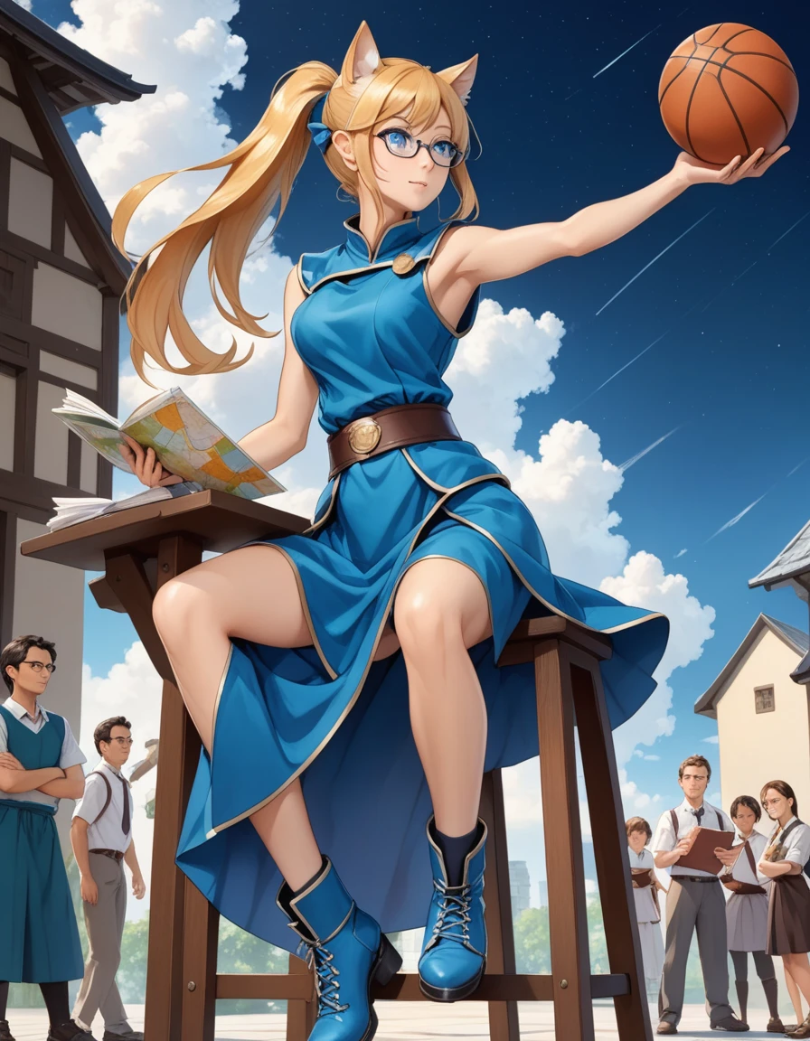 Solo, Score_9, score_8_up, score_7_up, kemono style, Kimiko, thin tall elf woman, solo, blonde hair , pony tail hair style, puzzled face, sweat, glowing blue eyes, full body shot, attractive smile, perfect slim body, wearing a chain tabard, blue armored skirt, metal armored boots, circular glasses, visible arms, gauntlets with ice on them, carrying a large magical staff, holding a map in one hand. Face is confused, puzzled expression, mid angle shot, one hand holding map, one hand throwing a basketball behind her. looks lost, sitting on stool, in magical academy, hair is up in ponytail, adult female, long legs, throwing basketball over shoulder backwards, looking at camera.