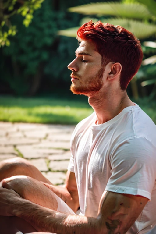 Boy 23 years old, big muscle, t-shirt, méditation, calme et serein, closed eyes, red hair 