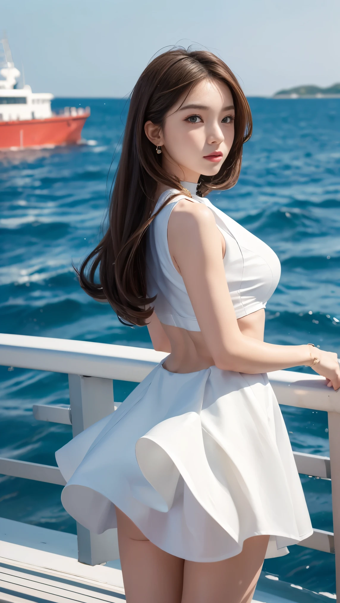 ((Highest quality)), ((masterpiece)), ((One Girl)), alone, ferry, ((Long Hair)), ferryBase, ((Rear View)), Expose your shoulders, ((jewelry)), ((Sleeveless)), White Dress, Blue Skirt, ((Up Hip)), Up to the thighs, From behind. massive and slender body