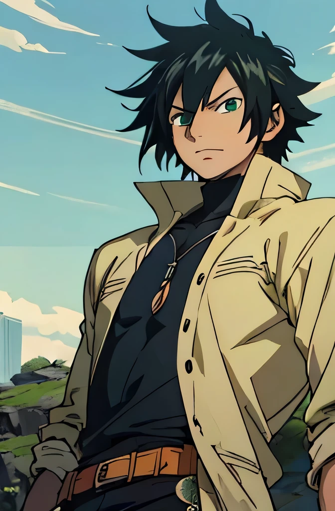 ((arte estilo anime)), (the highest image quality), (detailed strokes), Looking at the Viewer, facing the viewer , showing the whole body, ,  He is a 17 year old teenager, very white skin, He has slightly disheveled black hair ,  light green eyes, anime art style Fairy Tail , sexy face, He is dressed in the anime male clothes "Fairy Tail",  , 8k, high quality, masterpiece, , cinematic, vivid colors, shining green eyes 