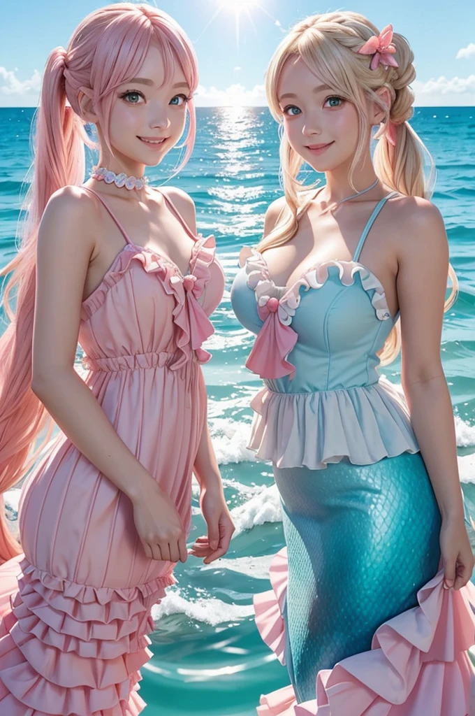 Blonde　Twin tails　ponytail　twins　Red Eyes　Seashell hair ornament　smile　Pink mermaid frilly dress　　Light blue mermaid frilly dress　Clear blue sea　Light of the sun 　Seashell piercing　Pink shells　live-action