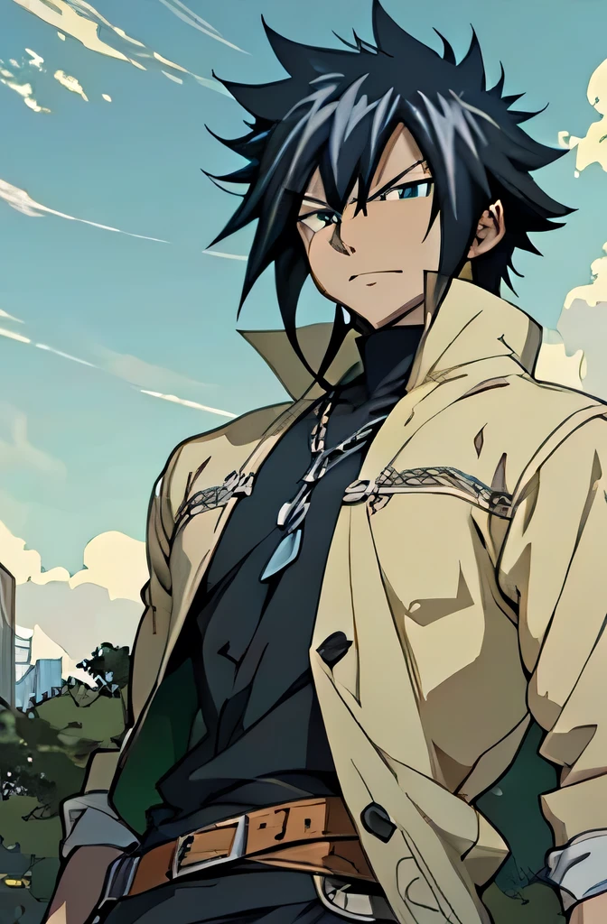 ((arte estilo anime)), (the highest image quality), (detailed strokes), Looking at the Viewer, facing the viewer , showing the whole body, , He is a 17 year old teenager, very white skin, He has slightly disheveled black hair , light green eyes, anime art style Fairy Tail , sexy face, He is dressed in the anime male clothes "Fairy Tail", , 8k, high quality, masterpiece, , cinematic, vivid colors, shining green eyes