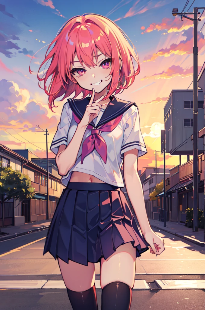 (Ideal:1.1), (perfection:1.1), (flawless:1.1), (highest quality:1.2), (best quality:1.2), (most beautiful sunset:1.1), 1girl, (kawaii:1.1), (school uniform:1.1), (loli:1.1), (naughty smirk:1.2), detailed body, short hair, best quality eyes, 4K, (best quality resolution:1.1), best quality upscale
