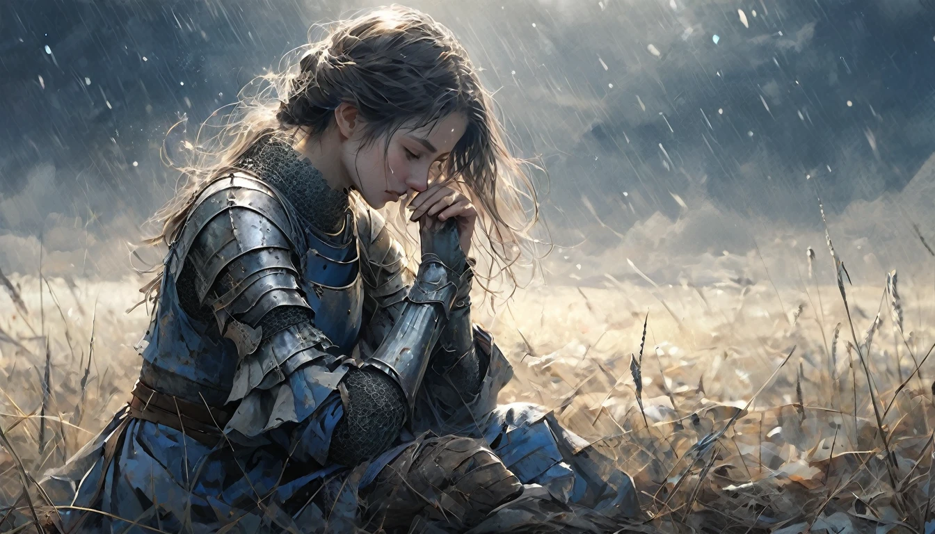 rain、right ,prayer, middle ages Europe, きれいな女knight, Sad look, Faded elegance, Waiting for the return , rainに打たれながら祈る , A poignant atmosphere, Lost Beauty, Melancholic mood, Fascinating, Eternal Sadness, Contrasting, Delicate Decay,Line art,Backlight,Wind,Backlight,Stardust,(Wind:1.2),knight,Blue Blood , Fingers are both methods5Book, Woman warrior,A heartbreaking war story,Field