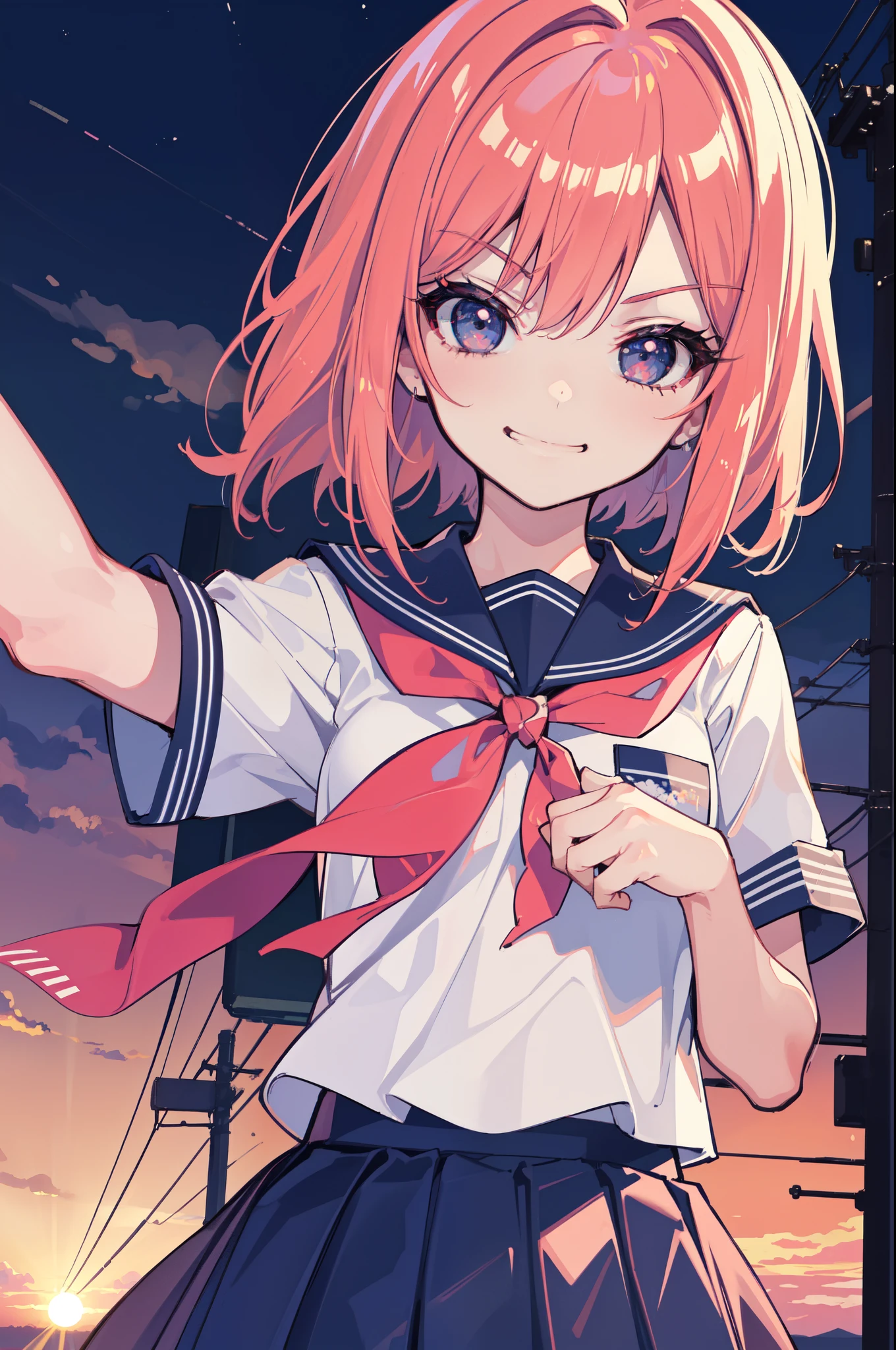 (Ideal:1.1), (perfection:1.1), (flawless:1.1), (highest quality:1.2), (best quality:1.2), (most beautiful sunset:1.1), 1girl, (kawaii:1.1), (school uniform:1.1), (loli:1.1), (naughty smirk:1.2), detailed body, short hair, best detailed eyes, best quality eyes, 4K, (best quality resolution:1.1), (best quality upscale:1.1)