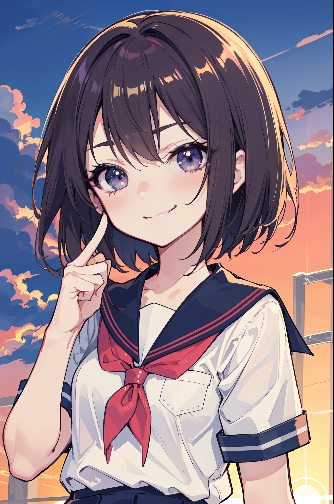 (Ideal:1.1), (perfection:1.1), (flawless:1.1), (highest quality:1.2), (best quality:1.2), (most beautiful sunset:1.1), 1girl, (kawaii:1.1), (school uniform:1.1), (:1.1), (naughty smirk:1.2), detailed body, short hair, best detailed eyes, best quality eyes, 4K, (best quality resolution:1.1), (best quality upscale:1.1)
