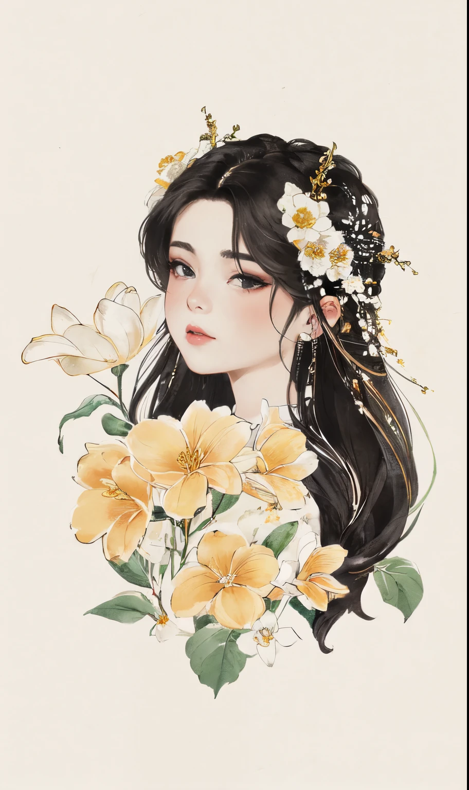 bi ink painting, 1girl,black eyes,long hair,super precise depiction, (flowers),multiple colors,high definition,Rich in intricate details,((masterpiece)), ((best quality)), 8k, high detailed, ultra-detailed,  sharper lines , white background, warm color theme