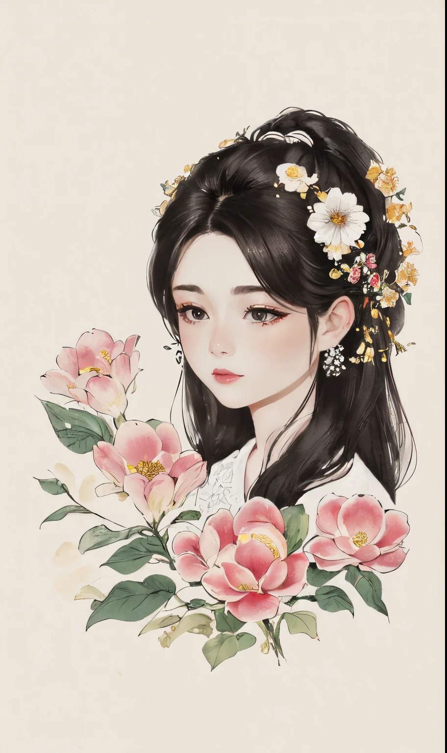 bi ink painting, 1girl,black eyes,long hair,super precise depiction, (flowers),multiple colors,high definition,Rich in intricate details,((masterpiece)), ((best quality)), 8k, high detailed, ultra-detailed,  sharper lines , white background, warm color theme