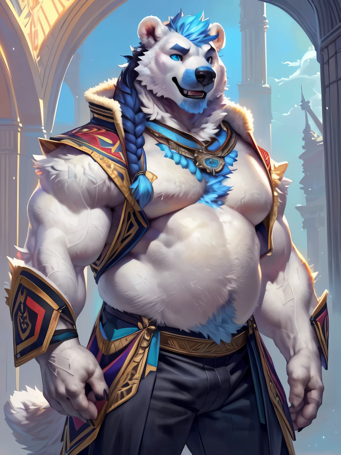 (by taran fiddler), (by darkgem:0.8), (by null-ghost), (by raccoon 21), solo, anthro, furry, furry male, Polar bear, ((fluffy fur,fluffy,furry body)), (blue fur, Polar bear), (white body), eye line, chubby, big muscles Braided beard, sky blue eyes, decorative coat, tail, long hair, regal hair, braids, detailed fluffy fur, white chest, white belly, detailed face, detailed eyes, decorative uniform, gold accessory, braided hair, slack pants, sleeveless, detailed chest, detailed belly, black slack pants, decorative coat, blue coat, gold trimmings, nubby tail, bear tail, full body, claws, fantasy grand monastery, (by null-ghost,by raccoon21, masterpiece, high quality,hi-res,8k had), standing pose,close-view portrait, looking at viewer, indoor, lights, happy expression, calm, happy, smile, open mouth, blue tongue, (blue scar), dark shadows, young, hands in pockets,