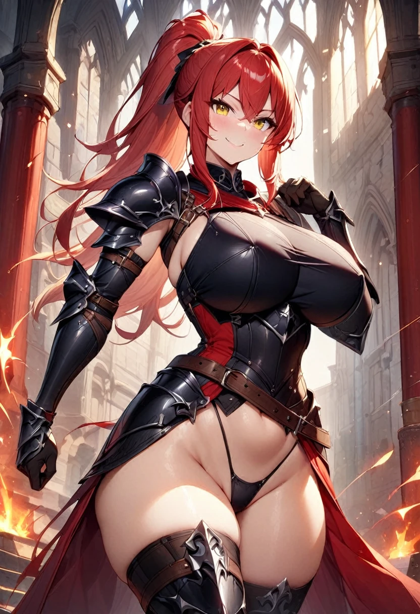 masterpiece,best quality, knight, long hair, red hair, ((Ponytail)), yellow eyes, perfect face, black armor,, ((exposed arm)), red_ornaments, red_tabard, thong, belt, ((big tits)), exposed belly, smiling, 1girl, strikes, Perfect face, thick thighs, ,add_detail:1, add_detail:0, add_detail:0.5,