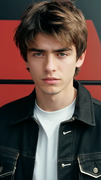 (Highly realistic photos, concentrated、High resolution, Detailed face, Detailed Hair,fine grain), Manchester cityscape in the background,British man, 20-year-old, One boy,Only one person is in the photo、Selfie、Upper body portrait,masterpiece,A teenage boy with an air of British rock 'n' roll, styled in 90s fashion, reminiscent of Oasis. He has a confident, slightly rebellious demeanor, wearing a classic parka jacket over a graphic T-shirt, with jeans and retro sneakers. His hairstyle is shaggy, and he has a sharp, intense gaze. The background shows a gritty urban setting with hints of Manchester, capturing the essence of the 90s Britpop era.